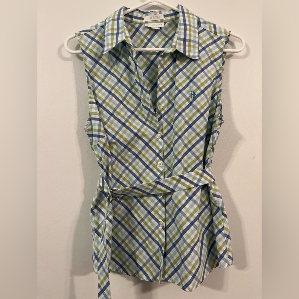 Charter Club Top Sleeveless Button Down Cloth Belt, Size 14, Blue Green White